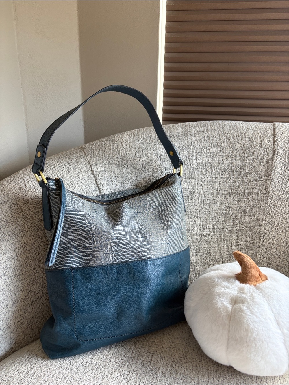 Fossil Amelia Hobo Bag, Two Tone Blue Cow Hide Leather w/ Snake Emboss